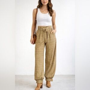 Tularosa XS Plaid Wide Leg Pants Belted High Rise Lined Yellow Brown
